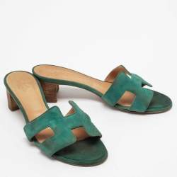 Hermes Green Suede Oasis Slide Sandals Size 38