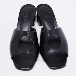 Hermes Black Leather Elia Slide Sandals Size 38