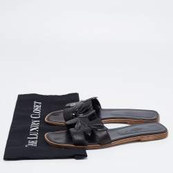 Hermes Black Leather Oran Laurier Flat Slide Sandals Size 40.5