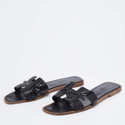 Hermes Black Leather Oran Laurier Flat Slide Sandals Size 40.5