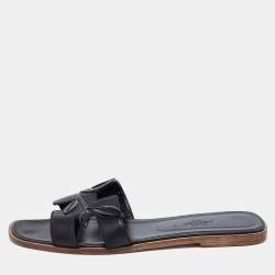 Hermes Black Leather Oran Laurier Flat Slide Sandals Size 40.5