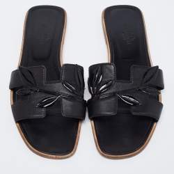 Hermes Black Leather Oran Laurier Flat Slide Sandals Size 40.5