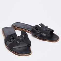 Hermes Black Leather Oran Laurier Flat Slide Sandals Size 40.5
