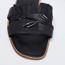 Hermes Black Leather Oran Laurier Flat Slide Sandals Size 40.5