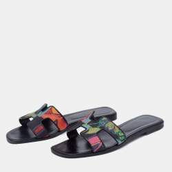 Hermes Multicolor Modernisme Tropical Print Canvas Oran Flat Slides Size 41