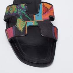 Hermes Multicolor Modernisme Tropical Print Canvas Oran Flat Slides Size 41