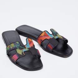 Hermes Multicolor Modernisme Tropical Print Canvas Oran Flat Slides Size 41