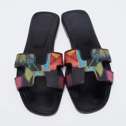 Hermes Multicolor Modernisme Tropical Print Canvas Oran Flat Slides Size 41