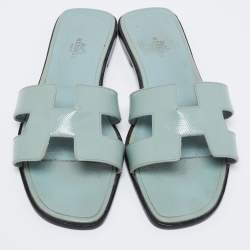 Hermes Mint Green Patent Leather Oran Flat Slide Sandals Size 39.5