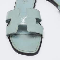 Hermes Mint Green Patent Leather Oran Flat Slide Sandals Size 39.5