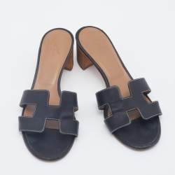 Hermes Black Leather Oasis Block Heel Slide Sandals Size 37