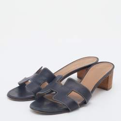 Hermes Black Leather Oasis Block Heel Slide Sandals Size 37