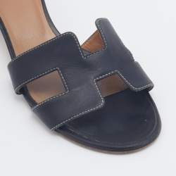 Hermes Black Leather Oasis Block Heel Slide Sandals Size 37