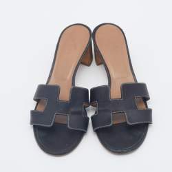 Hermes Black Leather Oasis Block Heel Slide Sandals Size 37