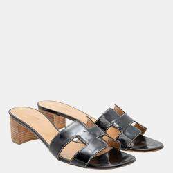 Hermes Black Patent Leather Oasis Sandals Size EU 39