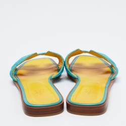 Pre Owned Hermes Blue Embellished Leather Oran Flat Slides Size 38