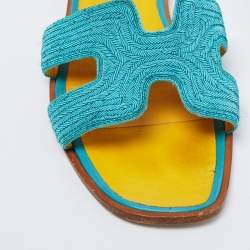 Pre Owned Hermes Blue Embellished Leather Oran Flat Slides Size 38