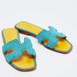 Pre Owned Hermes Blue Embellished Leather Oran Flat Slides Size 38