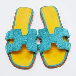 Pre Owned Hermes Blue Embellished Leather Oran Flat Slides Size 38