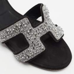 مملوكة مسبقًا Hermes Silver/Black Beads And Suede Embellished Oasis Slide Sandals Size 37