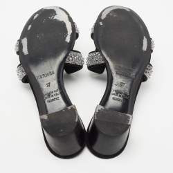 مملوكة مسبقًا Hermes Silver/Black Beads And Suede Embellished Oasis Slide Sandals Size 37