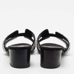 مملوكة مسبقًا Hermes Silver/Black Beads And Suede Embellished Oasis Slide Sandals Size 37