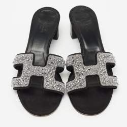 مملوكة مسبقًا Hermes Silver/Black Beads And Suede Embellished Oasis Slide Sandals Size 37