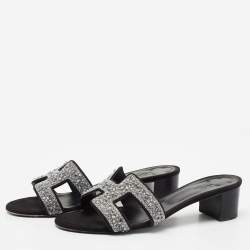 مملوكة مسبقًا Hermes Silver/Black Beads And Suede Embellished Oasis Slide Sandals Size 37