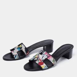 Pre Owned Hermes Black Printed Canvas and Leather Oasis Slide Sandals Size 38