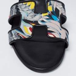 Pre Owned Hermes Black Printed Canvas and Leather Oasis Slide Sandals Size 38