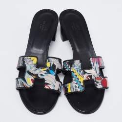 Pre Owned Hermes Black Printed Canvas and Leather Oasis Slide Sandals Size 38