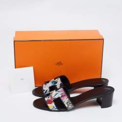 Pre Owned Hermes Black Printed Canvas and Leather Oasis Slide Sandals Size 38
