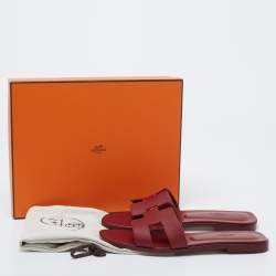 Hermes Burgundy Leather Oran Flat Slides Size 38.5 