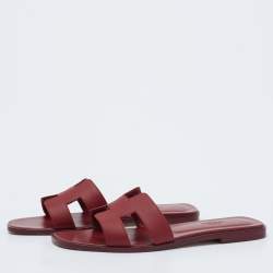 Hermes Burgundy Leather Oran Flat Slides Size 38.5 