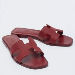 Hermes Burgundy Leather Oran Flat Slides Size 38.5 