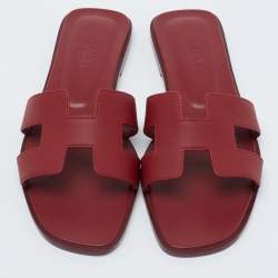 Hermes Burgundy Leather Oran Flat Slides Size 38.5 