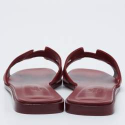 Hermes Burgundy Leather Oran Flat Slides Size 38.5 