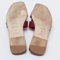 Hermes Burgundy Leather Oran Flat Slides Size 38.5 