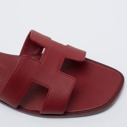 Hermes Burgundy Leather Oran Flat Slides Size 38.5 