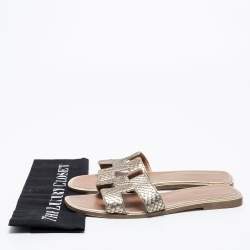 Pre Owned Hermes Metallic Python Leather Oran Flat Slides Size 39
