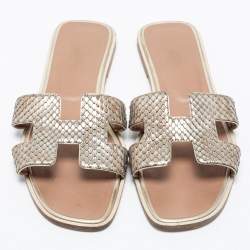 Pre Owned Hermes Metallic Python Leather Oran Flat Slides Size 39