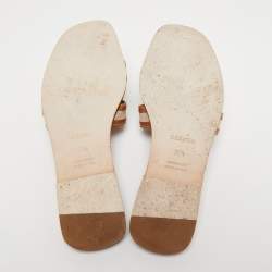 Pre Owned Hermes Brown/Biege Canvas and Leather Oran  Flats Size 37.5