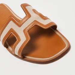 Pre Owned Hermes Brown/Biege Canvas and Leather Oran  Flats Size 37.5