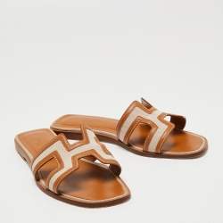 Pre Owned Hermes Brown/Biege Canvas and Leather Oran  Flats Size 37.5