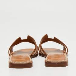 Pre Owned Hermes Brown/Biege Canvas and Leather Oran  Flats Size 37.5