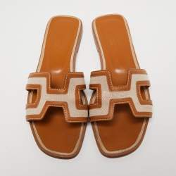 Pre Owned Hermes Brown/Biege Canvas and Leather Oran  Flats Size 37.5