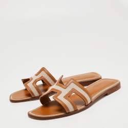 Pre Owned Hermes Brown/Biege Canvas and Leather Oran  Flats Size 37.5