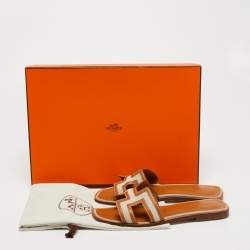 Pre Owned Hermes Brown/Biege Canvas and Leather Oran  Flats Size 37.5