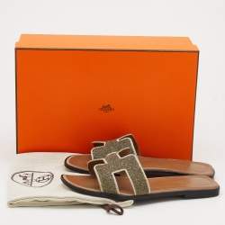 Hermes Beige Suede And Glitter Oran Flat Sandals Size 39