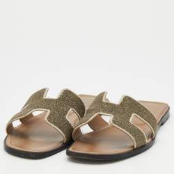 Hermes Beige Suede And Glitter Oran Flat Sandals Size 39